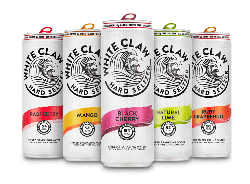 a stack of White Claw cans with different flavors