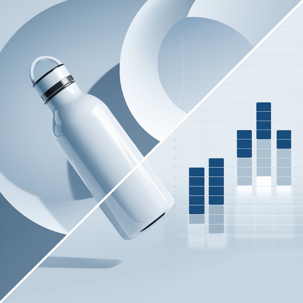 Minimalist Water Bottle Consumer Panel Image A modern, minimalist split-screen business image. On the left: a clean white product prototype of a sleek water bottle floating against a light blue background. On the right: a professional bar chart visualization in blue and white showing survey responses.