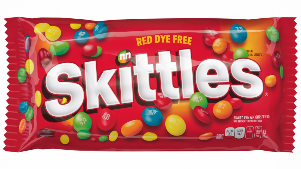 A classic skittles package but it says red dye free.